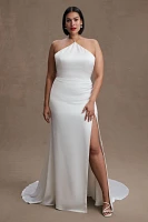 Jenny Yoo Pearl Satin Fit & Flare Halter Wedding Gown