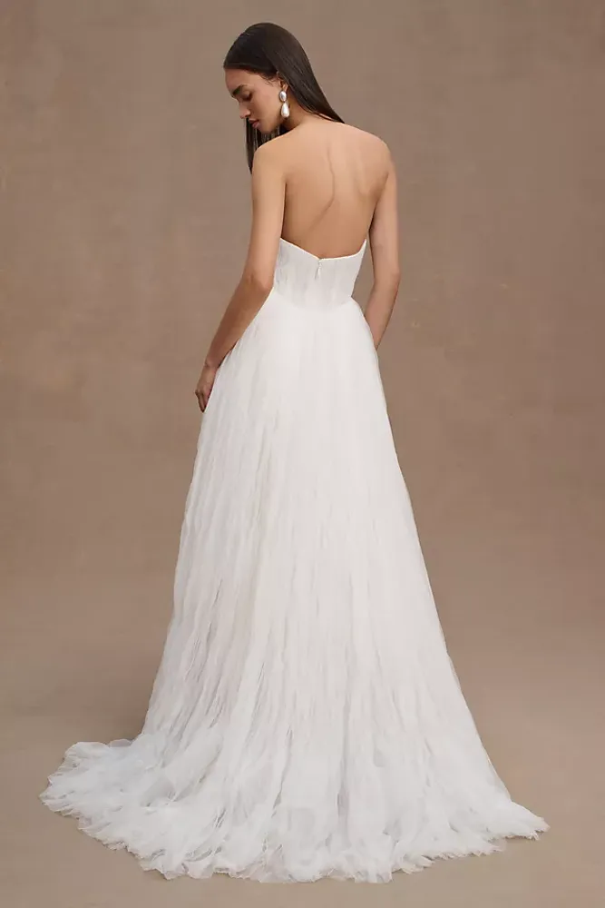 Watters Magali Strapless Pleated Mesh Wedding Gown