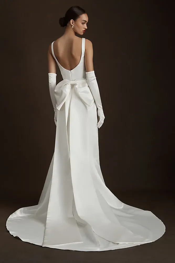 Wtoo by Watters Laurie Square-Neck Bow Satin Wedding Gown