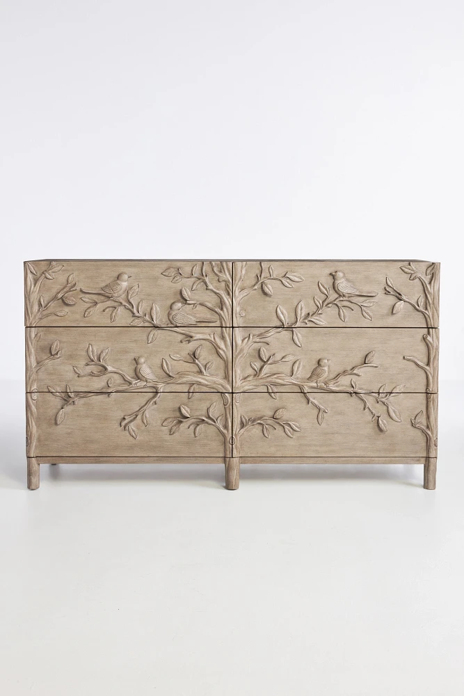 Handcarved Ornithology Six-Drawer Dresser