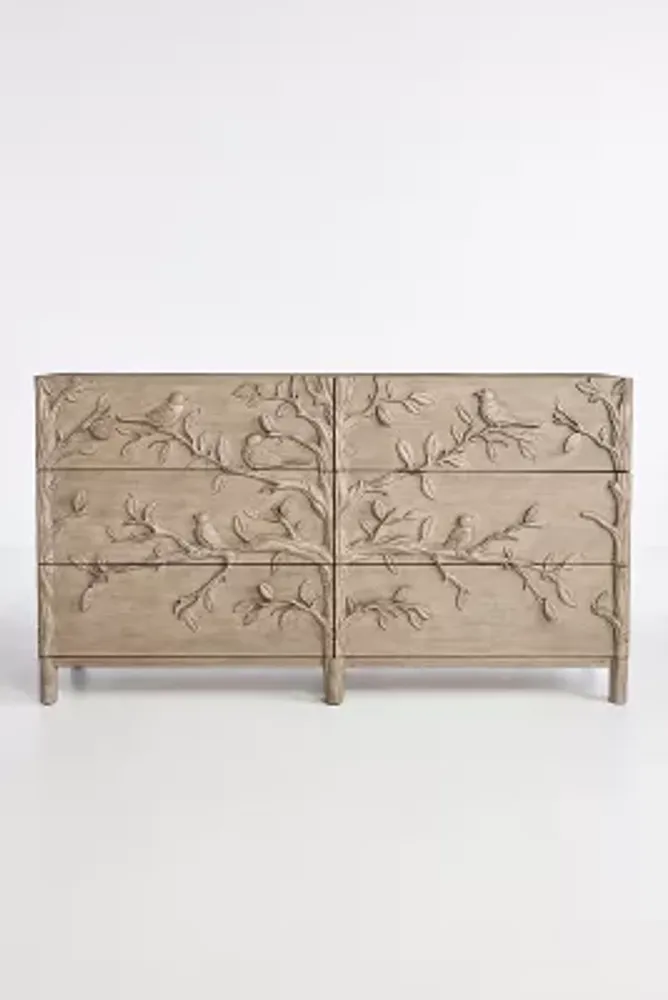 Handcarved Ornithology Six-Drawer Dresser