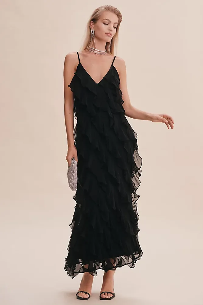 BHLDN Jia Bias-Cut Ruffled V-Neck Gown