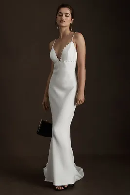 Savannah Miller Dora Pearl-Trimmed V-Neck Crepe Wedding Gown