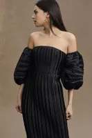 L'IDÉE Sirene Off-Shoulder Puff-Sleeve Pleated Midi Column Dress