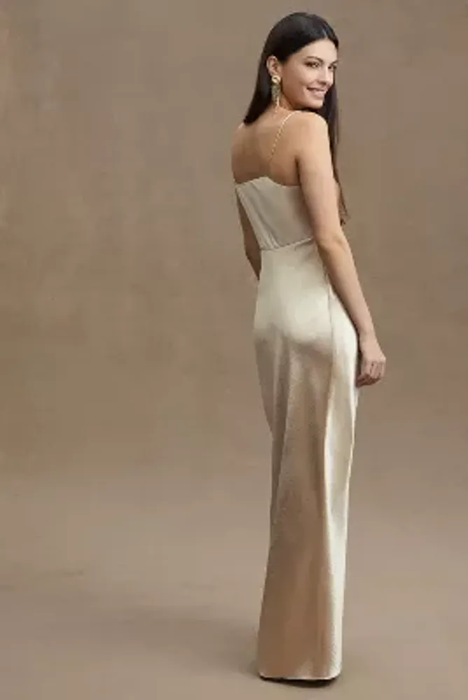 Sachin & Babi Jennings Ruched Hammered Satin Side-Slit Gown