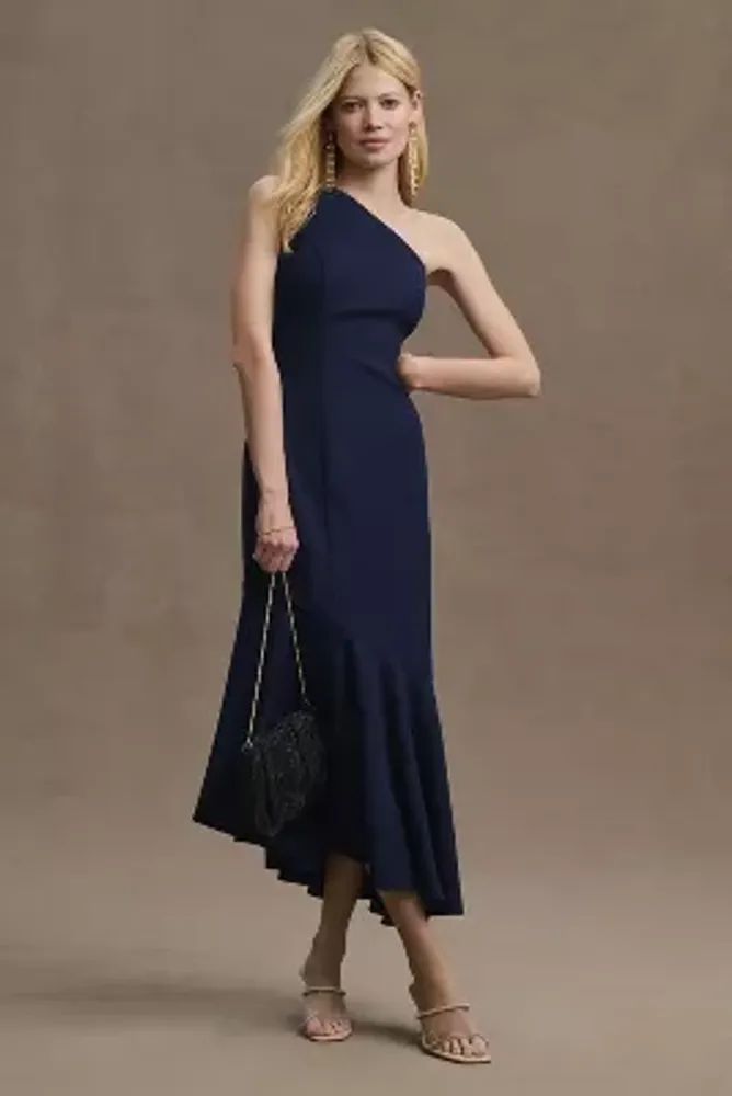 BHLDN Ainsley One-Shoulder Ruffle Stretch Crepe Midi Dress