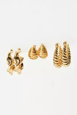 Set of Three Metal Twist Huggie Earrings