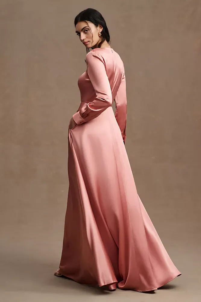 Ronny Kobo Nann Satin V-Neck Long-Sleeve Gown