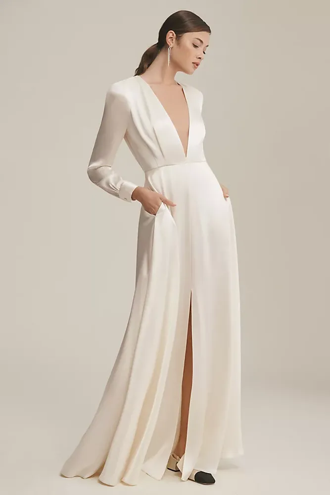 Ronny Kobo Nann Satin V-Neck Long-Sleeve Gown