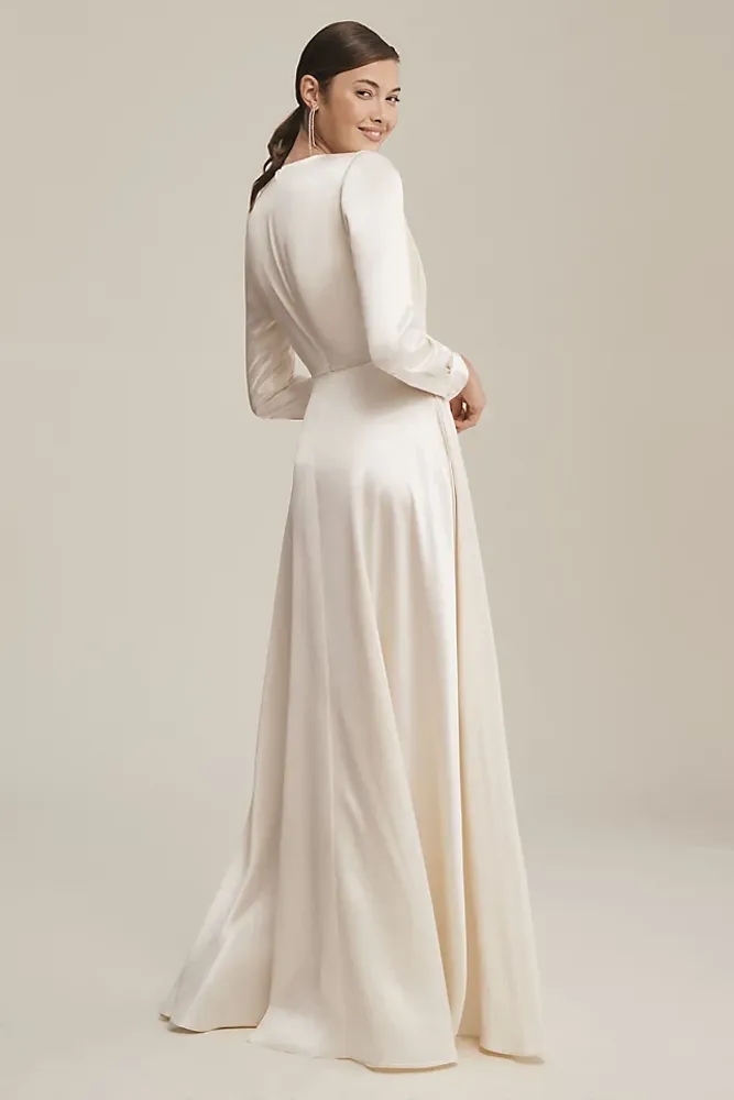 Ronny Kobo Nann Satin V-Neck Long-Sleeve Gown