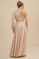 BHLDN Jade Metallic One-Shoulder Asymmetrical-Waist Gown