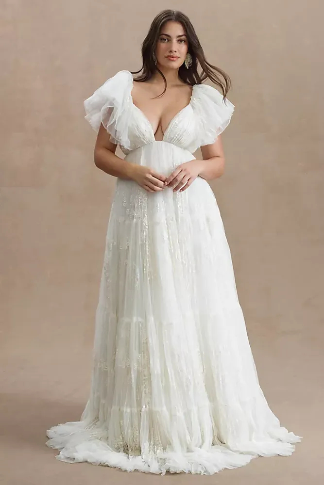 BHLDN Valentina V-Neck Flutter-Sleeve Empire-Waist Wedding Gown