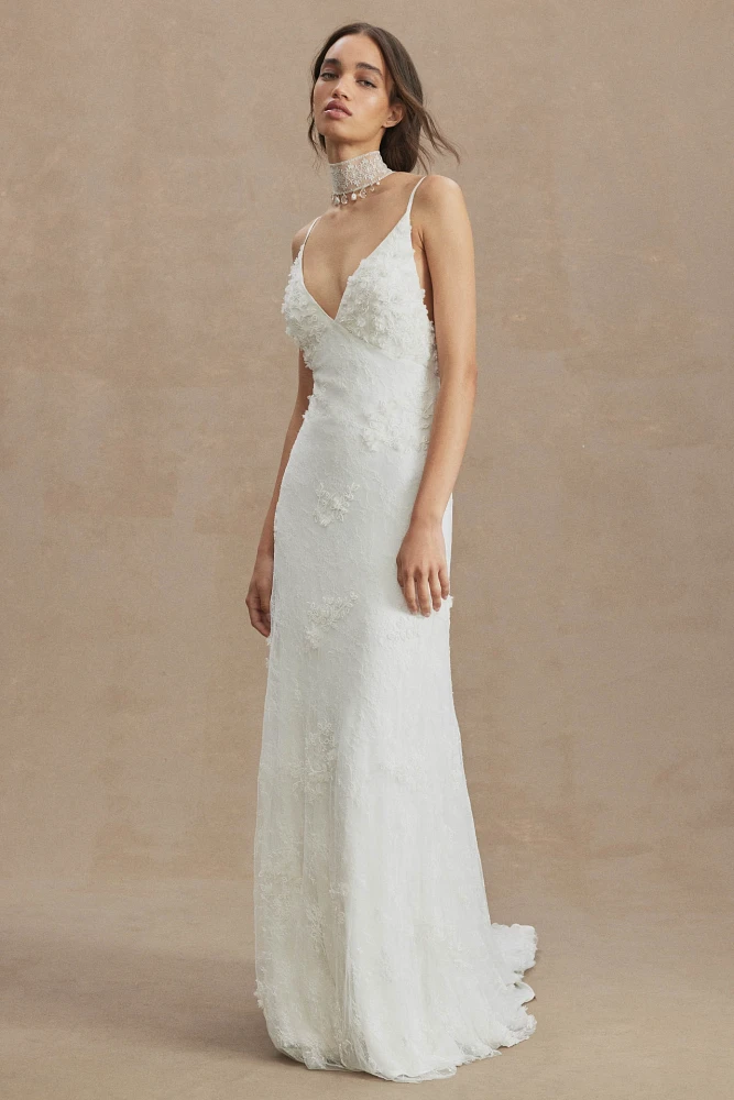 BHLDN Meadow V-Neck Floral Appliqué Sheath Wedding Gown