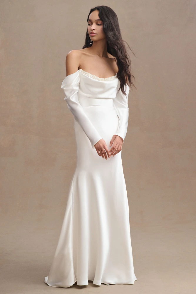 Watters Garance Off-Shoulder Satin Sheath Wedding Gown