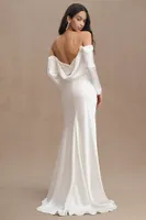 Watters Garance Off-Shoulder Satin Sheath Wedding Gown
