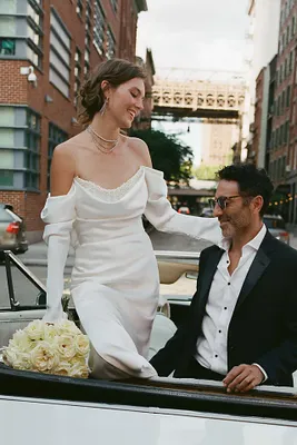 Watters Garance Off-Shoulder Satin Sheath Wedding Gown