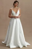 Jenny Yoo Tamson Satin Plunge Cutout A-Line Wedding Gown