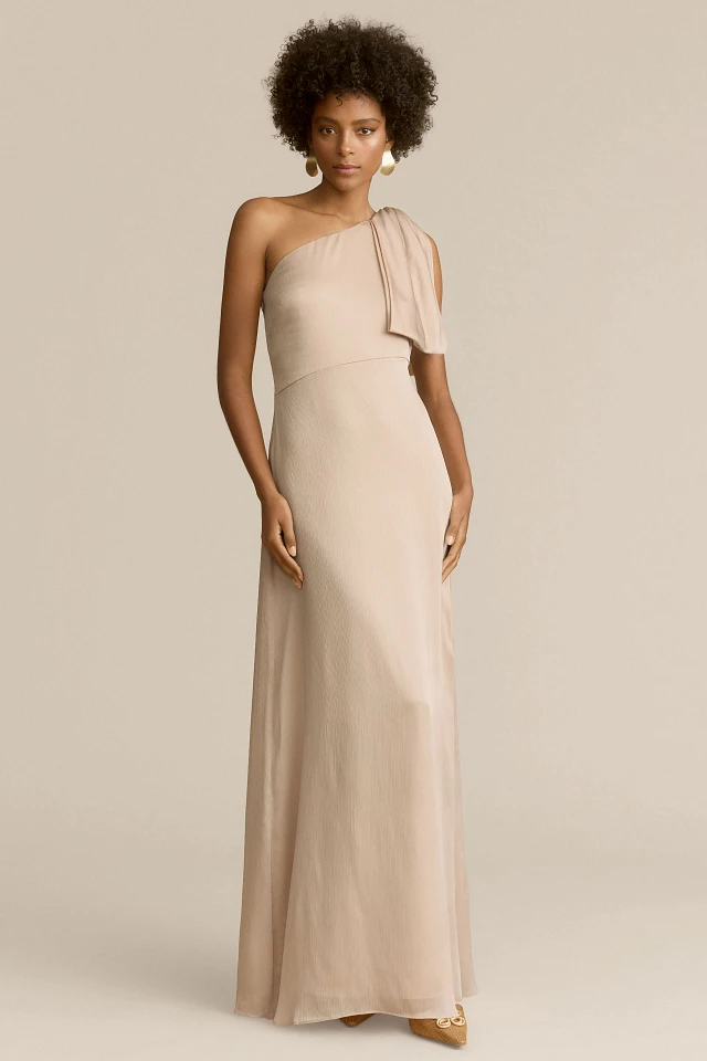 one shoulder georgette dress La Lune One-Shoulder Gathered Maxi Dress