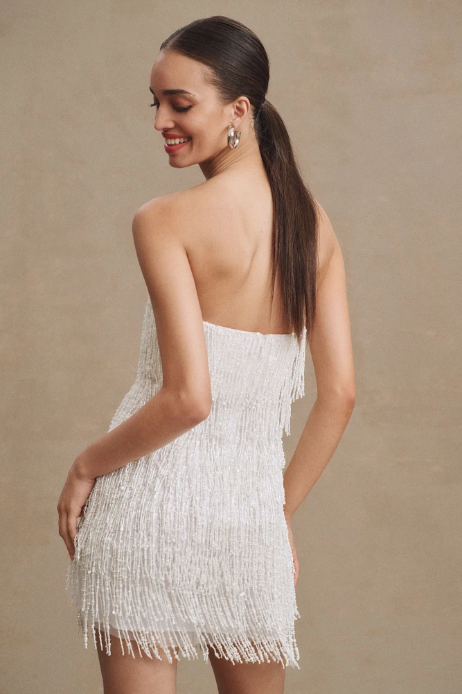 BHLDN Arabella Strapless Sequin Fringe Mini Dress