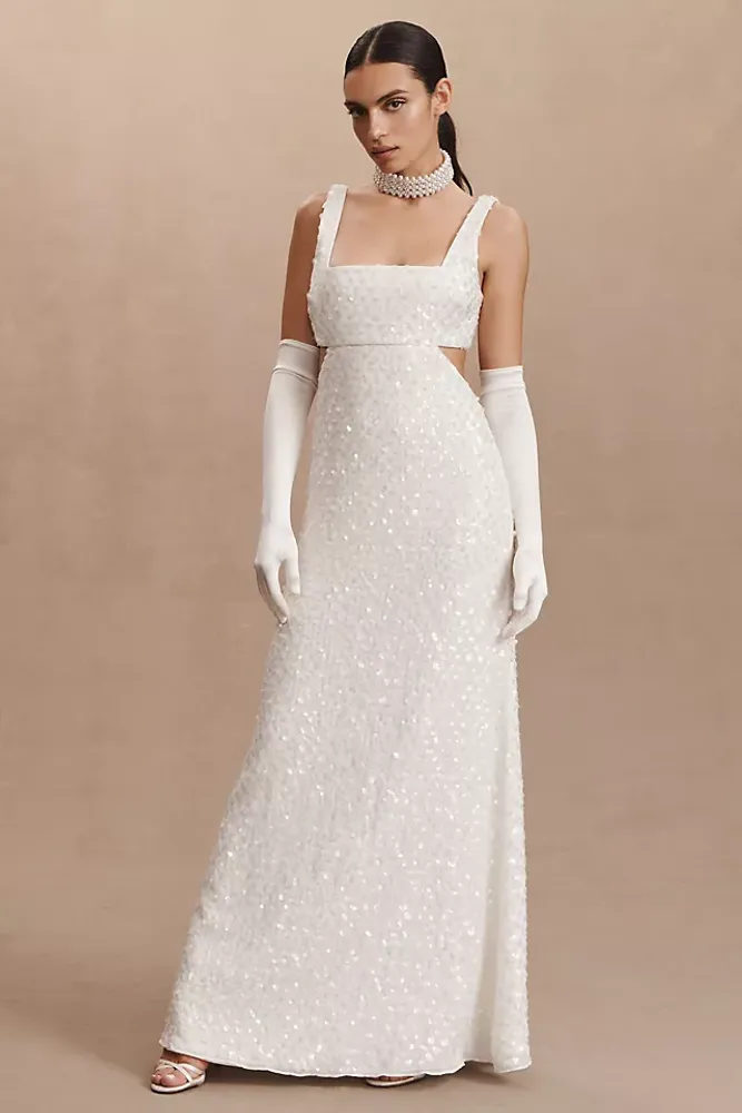 BHLDN Lena Square-Neck Sequin Cutout Wedding Gown | The Summit at Fritz Farm