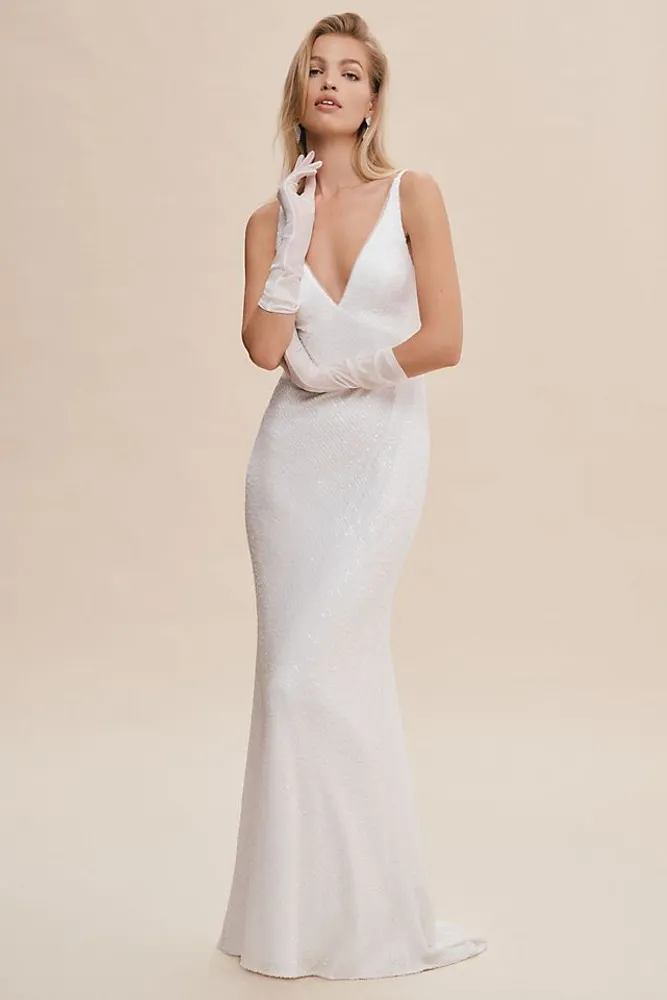 Jenny Yoo Marlis V-Neck Open-Back Sequin Gown