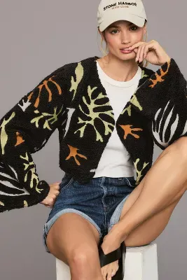 By Anthropologie Embroidered Faux Fur Shrug