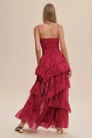 BHLDN Thalia Printed Ruched Square-Neck Ruffle Chiffon Gown