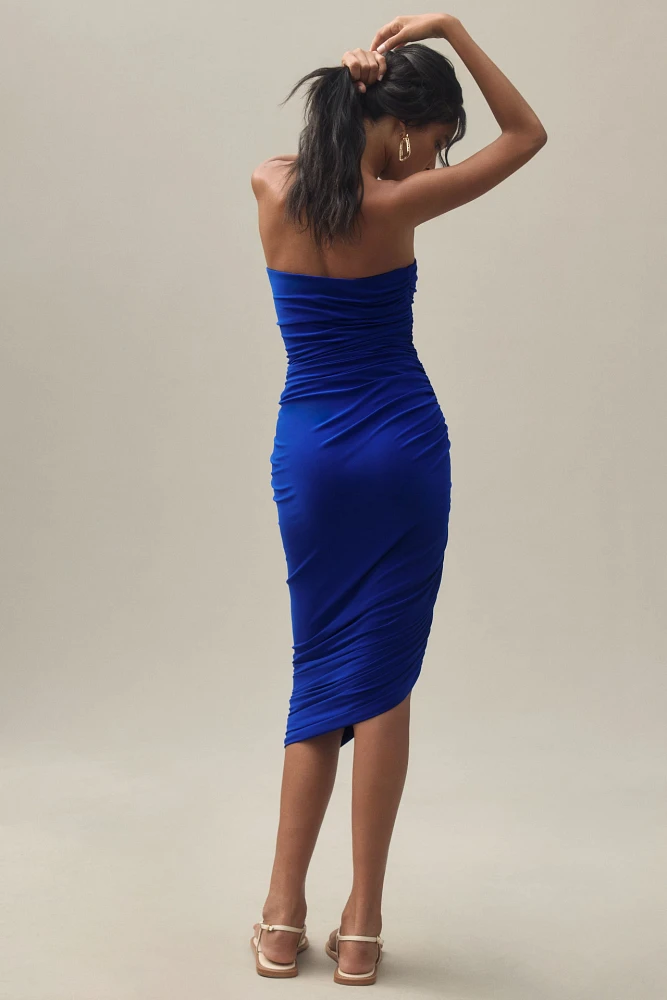 Norma Kamali Diana Strapless Ruched Stretch Jersey Midi Dress