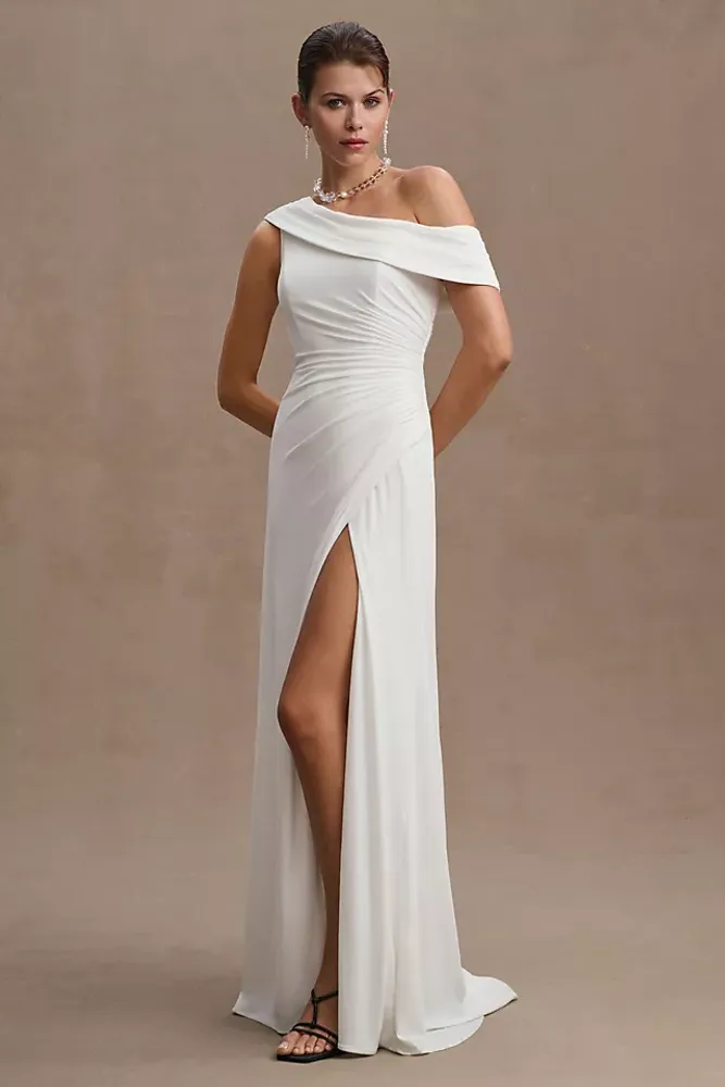 Mac Duggal One-Shoulder Ruched Jersey Gown