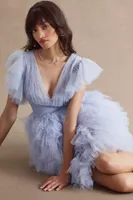 Mac Duggal Ruffled A-Line Flutter-Sleeve Mini Dress