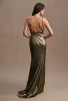 Mac Duggal Metallic Low-Back Plunge Column Gown
