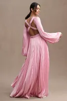 Mac Duggal Pleated Long-Sleeve Cutout A-Line Gown