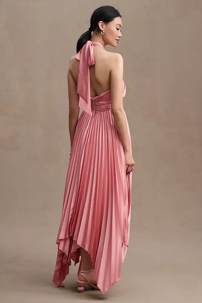 Mac Duggal Pleated A-Line Asymmetrical Halter Gown