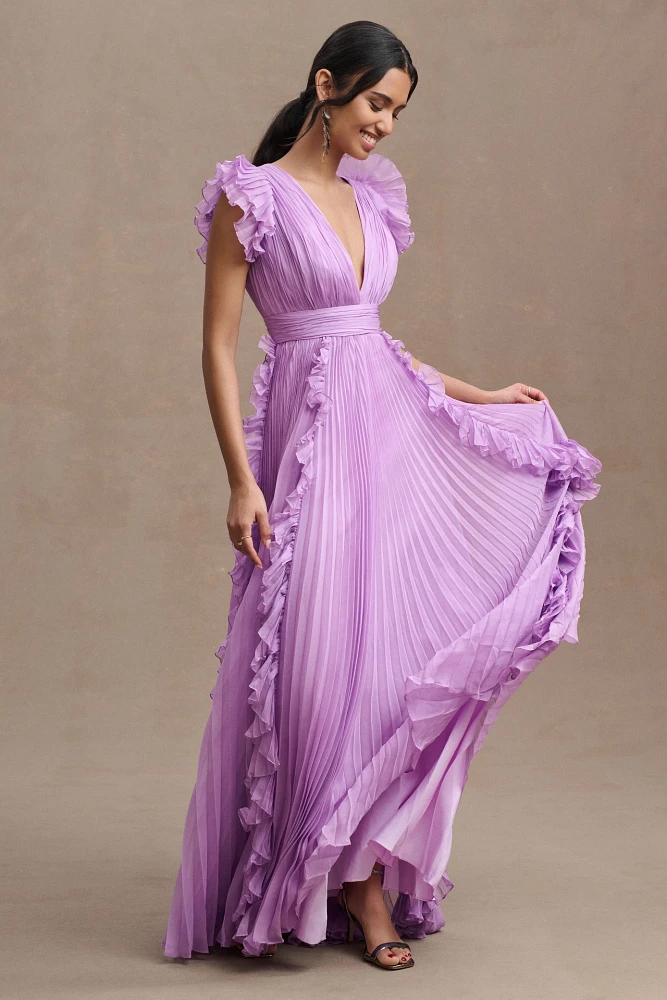 Mac Duggal Pleated Flutter-Sleeve Deep-V Empire-Waist Gown