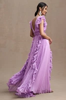 Mac Duggal Pleated Flutter-Sleeve Deep-V Empire-Waist Gown