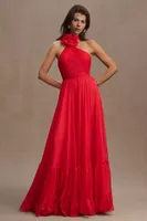 Mac Duggal Tiered Asymmetrical Halter A-Line Gown