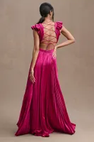 Mac Duggal Pleated Flutter-Sleeve Deep-V Lace-Up Gown