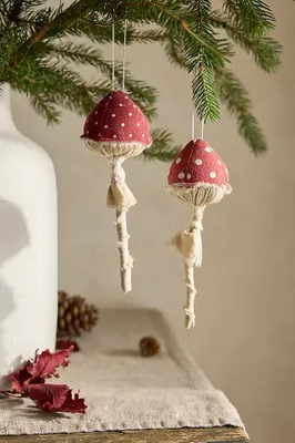 Long Stem Mushroom Fabric Ornaments, Set of 2