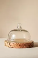 Carved Wooden Cake Stand with Glass Dome