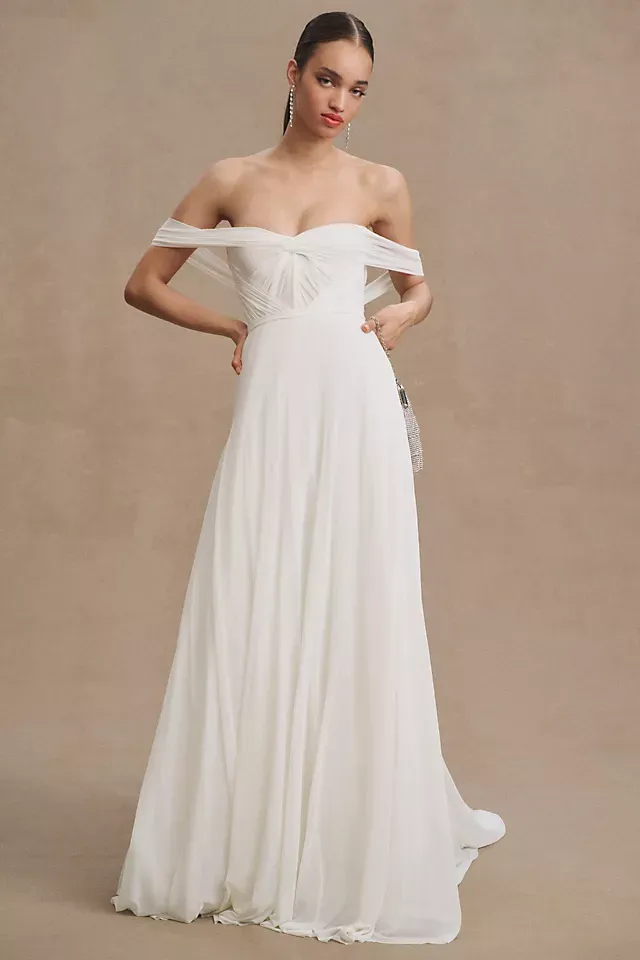 Watters Garance Off-Shoulder Satin Sheath Wedding Gown