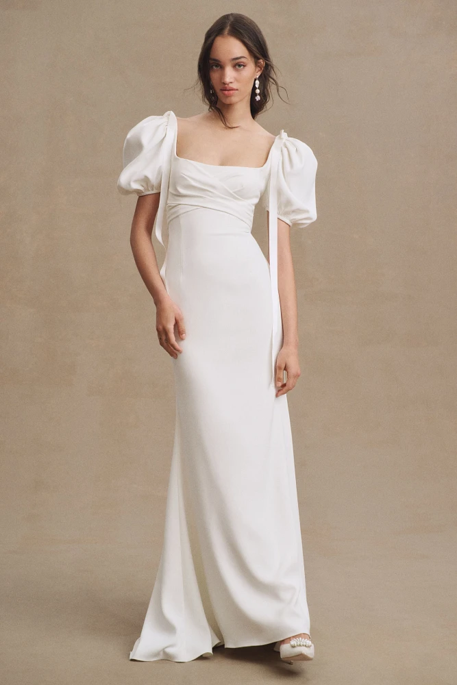 Watters Eloise Puff-Sleeve Sheath Wedding Gown