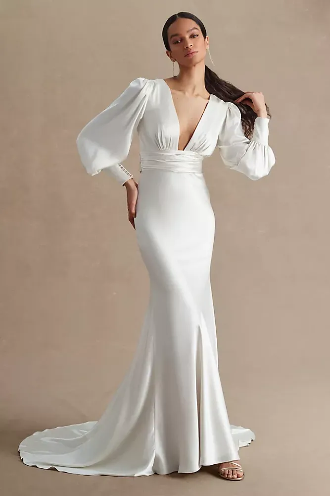 Watters Clara Plunge V-Neckline Puff-Sleeve Bias-Cut Charmeuse Wedding Gown