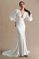 Watters Clara Plunge V-Neckline Puff-Sleeve Bias-Cut Charmeuse Wedding Gown