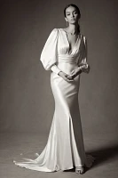 Watters Clara Plunge V-Neckline Puff-Sleeve Bias-Cut Charmeuse Wedding Gown