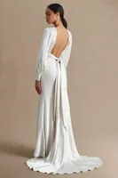 Watters Clara Plunge V-Neckline Puff-Sleeve Bias-Cut Charmeuse Wedding Gown