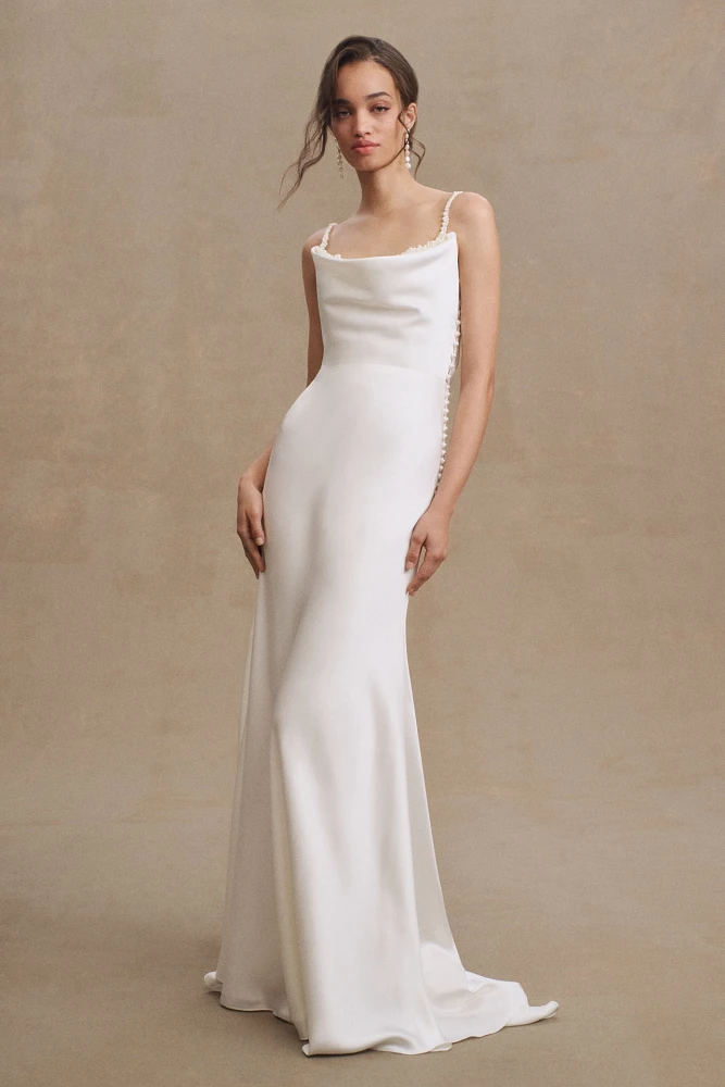 Watters Garance Cowl-Neck Satin Sheath Wedding Gown