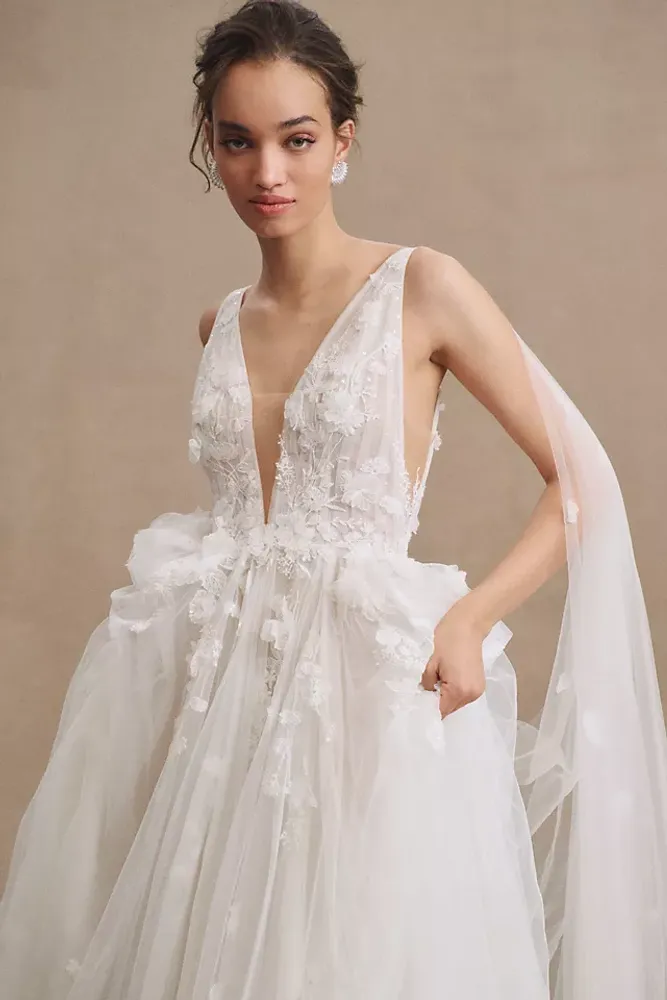 Watters Calia Plunge V-Neck Floral Tulle Ball-Skirt Wedding Gown