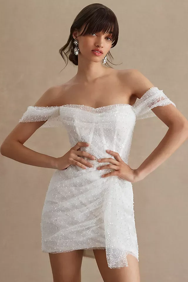 Watters Marlina Off-The-Shoulder Convertible Mini Wedding Dress