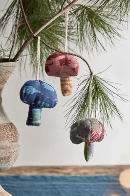 Mushrooms Kantha Ornaments, Set of 3