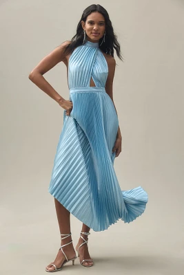 L'IDEE Renaissance Halter Side-Slit Pleated Maxi Dress